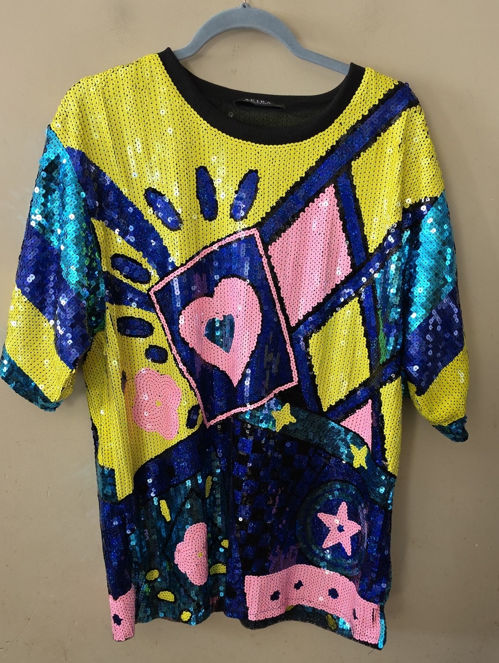AKIRA Black Pullover with Yellow Sequin Heart and Blue Accent